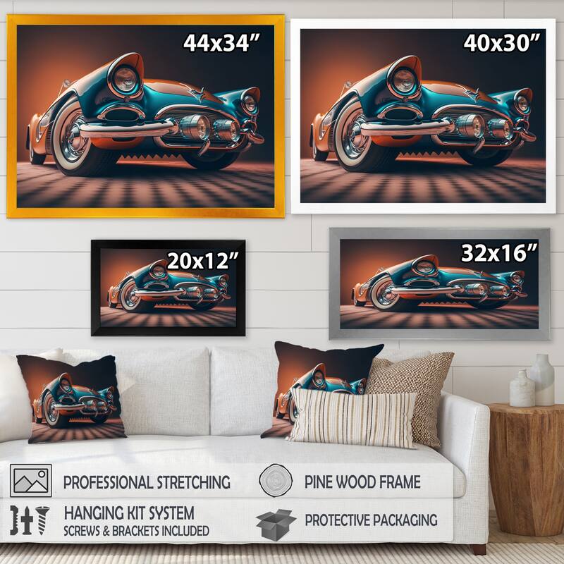 Designart "Beautiful Vintage Car In Retro Colors V" Retro Car Framed